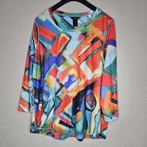 Ali Miles Tee Top Women 1X Stretch Multicolor Abstract Print Stretch